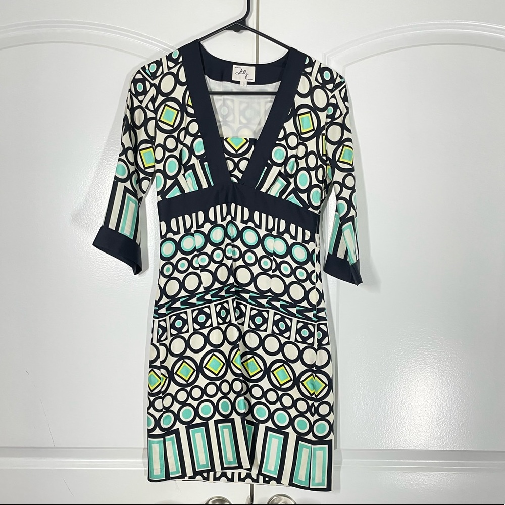 Milly 100% Silk Geo Print Elbow Sleeves Dress size 0 - Picture 6 of 14